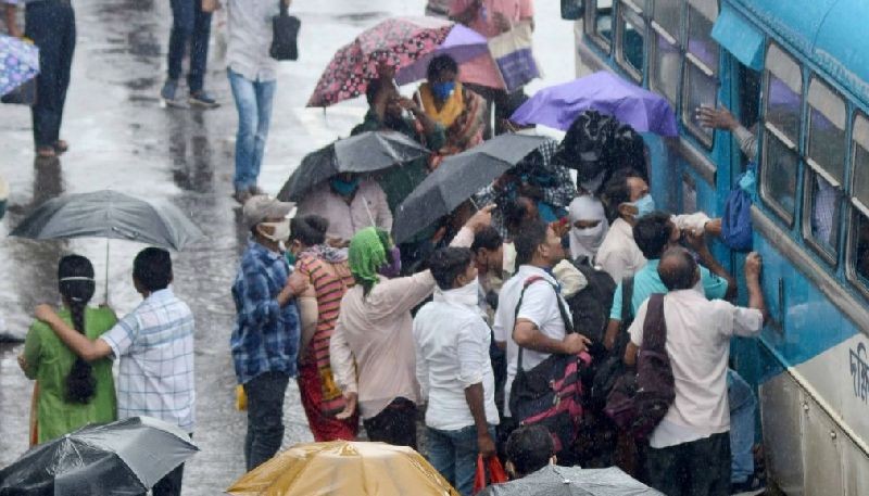 Commuters struggle for conveyance after the the Joint Council of Bus Syndicates called for a one-day strike demanding hike in bus fares of private operators, amid Unlock 1.0 or phased relaxation during the fifth phase of the nationwide lockdown imposed to mitigate the spread of coronavirus, in Kolkata on June 29, 2020. (Photo: Kuntal Chakrabarty/IANS)